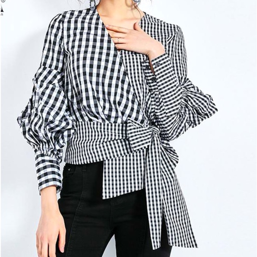 NWOT Zanzea Black & White Gingham Check Wrap Bow Detail Long Sleeve Blous…